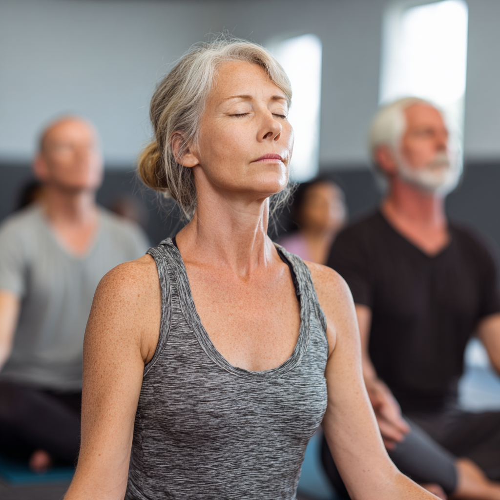 Experienced middle-aged yoga instructor demonstrating proper breathing technique to mature students