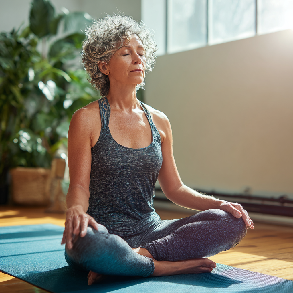 Middle-aged woman practicing yoga meditation in peaceful studio environment