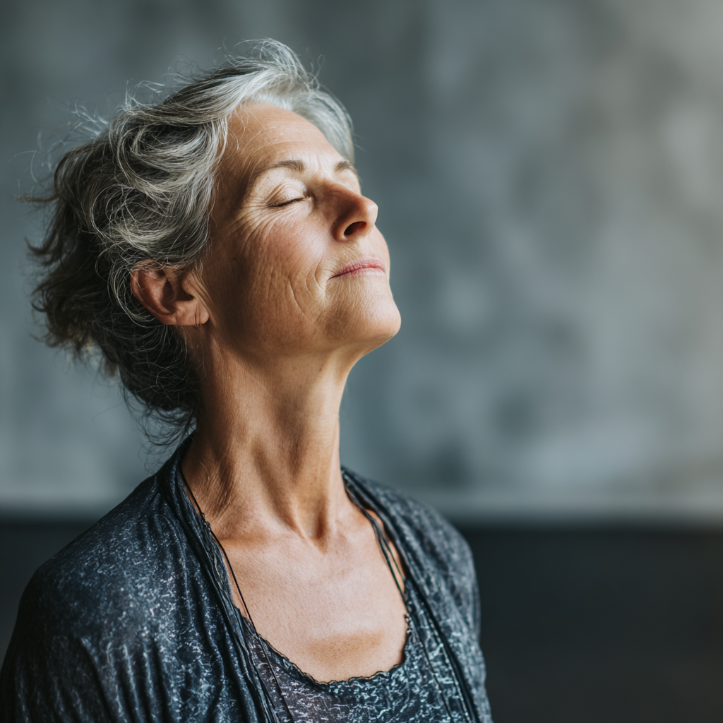 Senior adult woman practicing breathing exercises and meditation in yoga studio